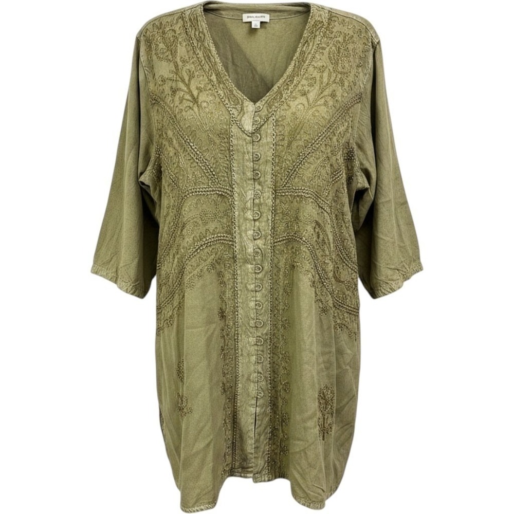 Embroidered Tunic OS Bohemian Olive Green Gold Soutache‎ Top
